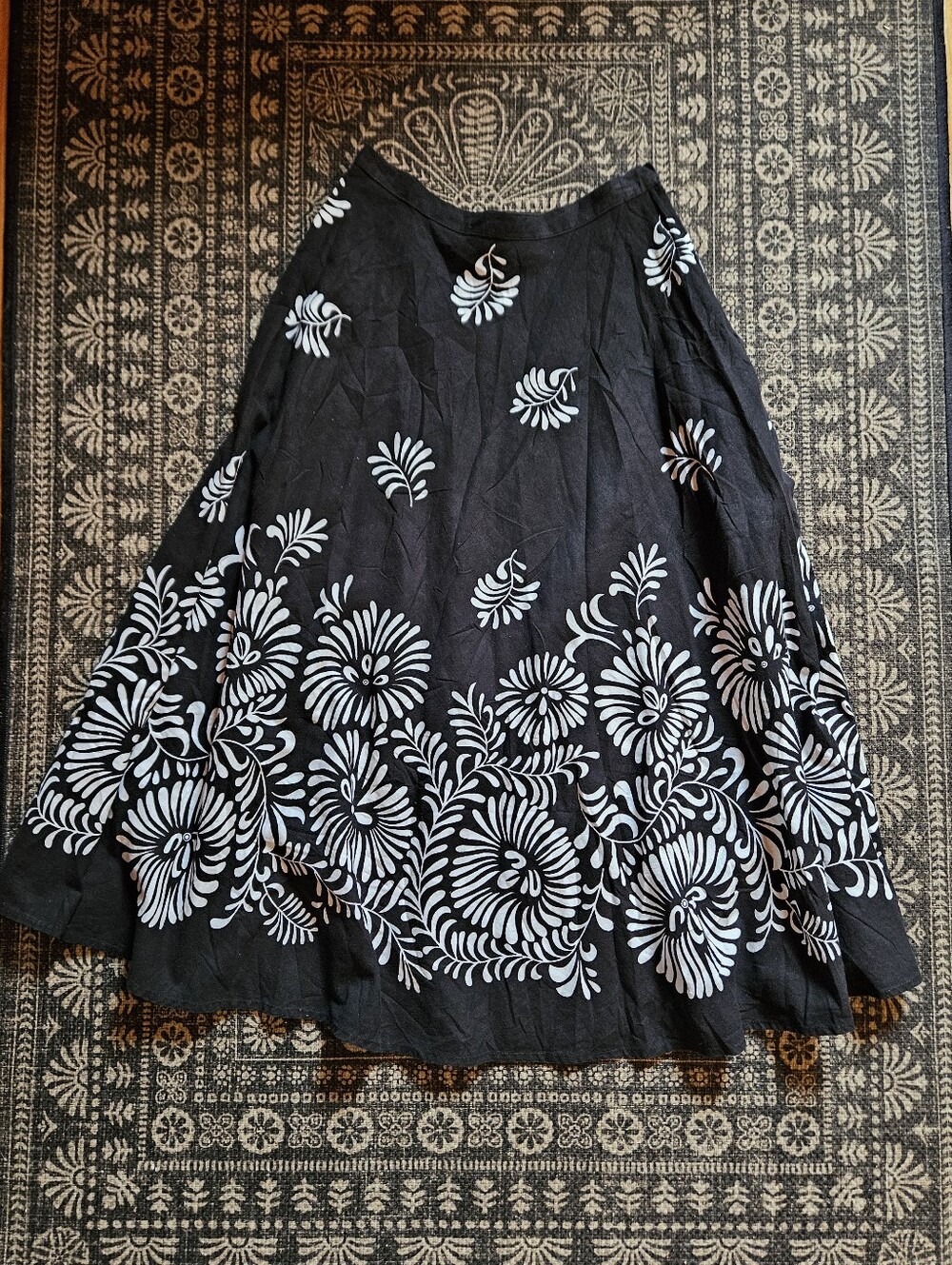 Black Floral Print Women’s A-Line Midi Skirt Cotton